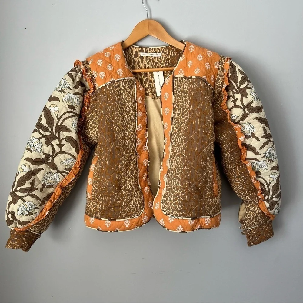 Anthropologie X Llani Quilted Brown & Orange Motif Printed Jacket Size M/L NWT - Picture 2 of 16